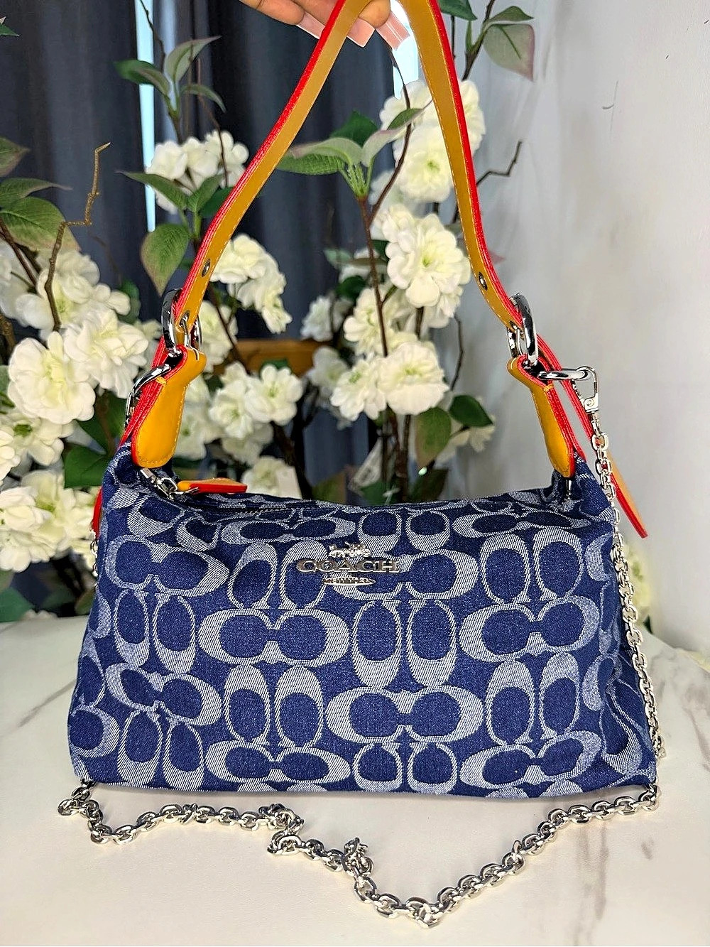 Inspired Chain Tabby Shoulder Bag in Signature Denim Blue & Red